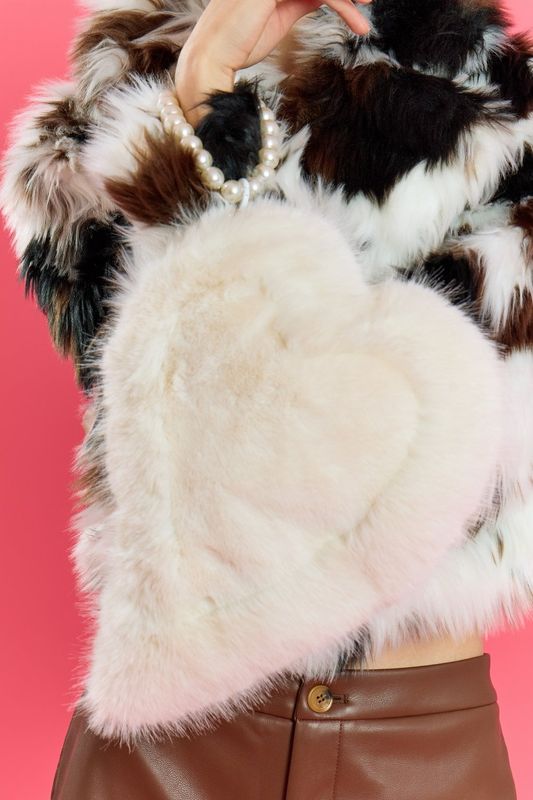 Cream faux fur love heart bag