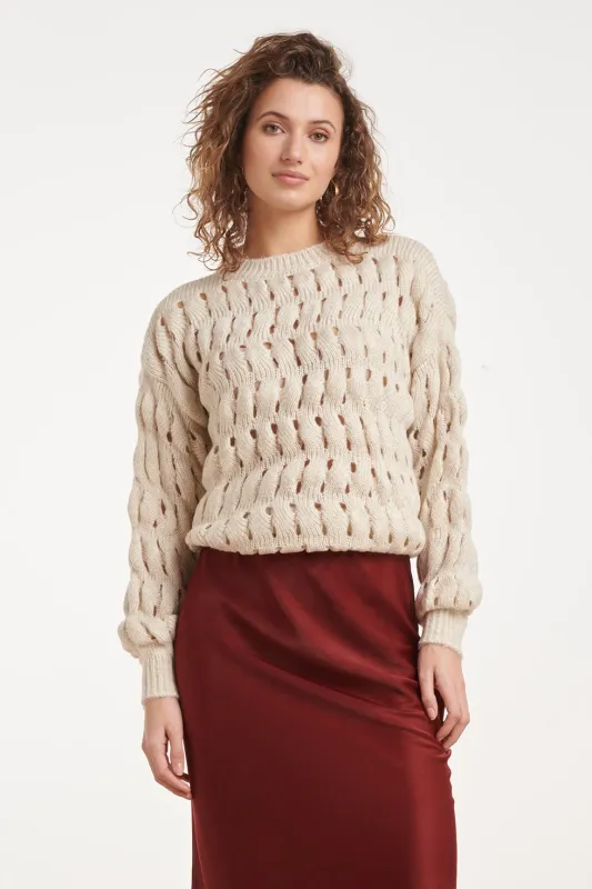 Cream knitted cable Knit Sweater with Openwork Details