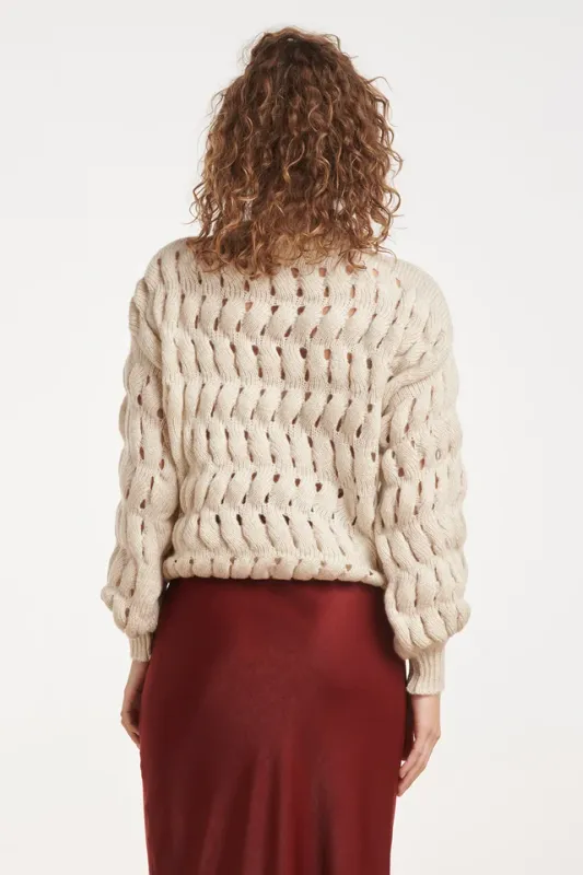 Cream knitted cable Knit Sweater with Openwork Details