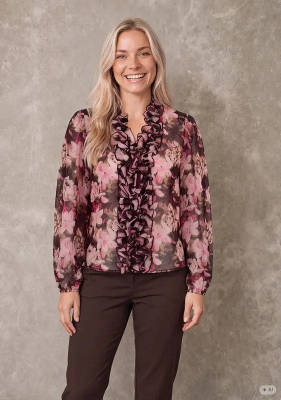 Vibse floral print ruffle blouse brown
