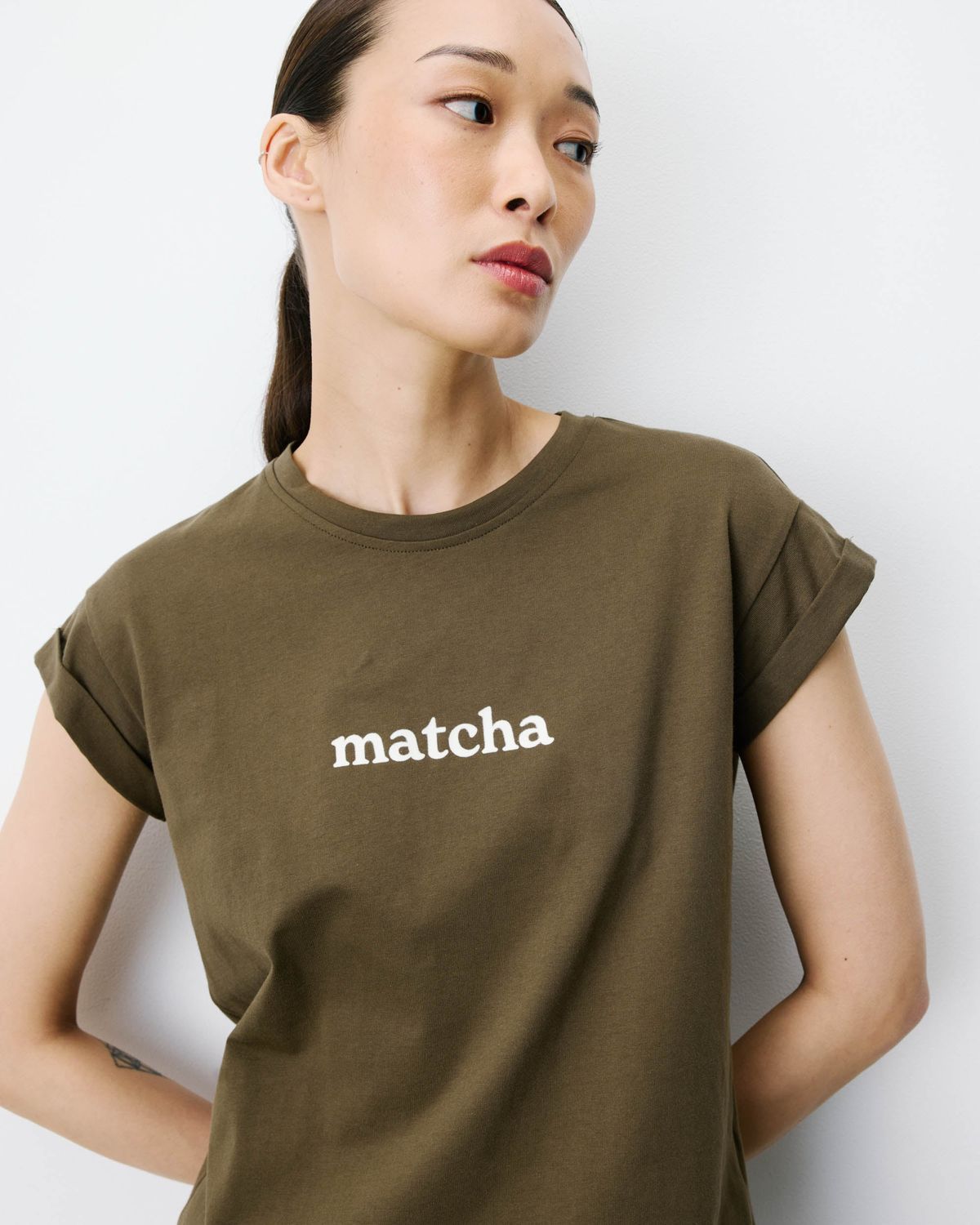 Atlas Matcha slogan t-shirt khaki green