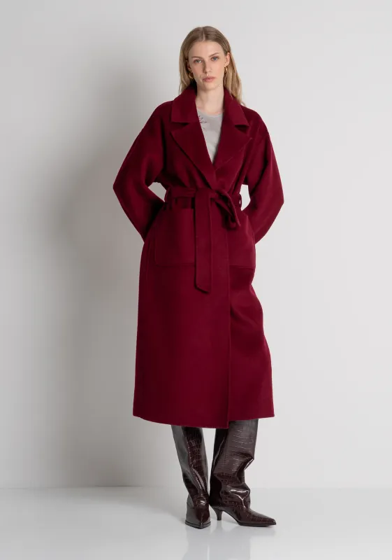 Long length wool coat Cabernet red