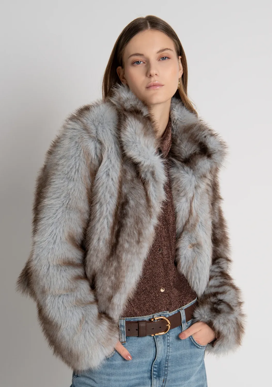 Cropped faux fur jacket blue and brown mix