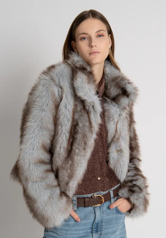 Cropped faux fur jacket blue and brown mix
