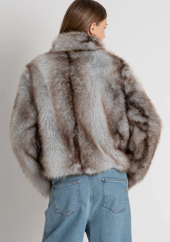 Cropped faux fur jacket blue and brown mix