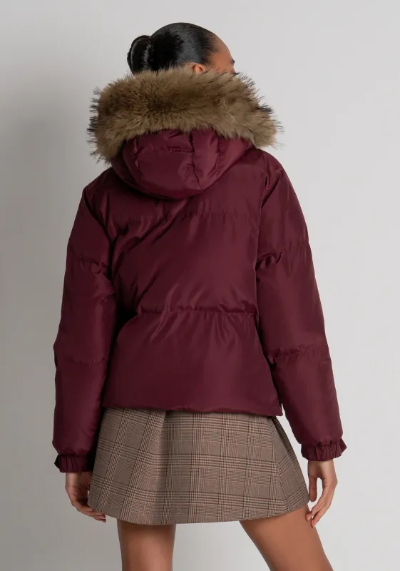 Short puffer coat with faux fur lined hood burgundy