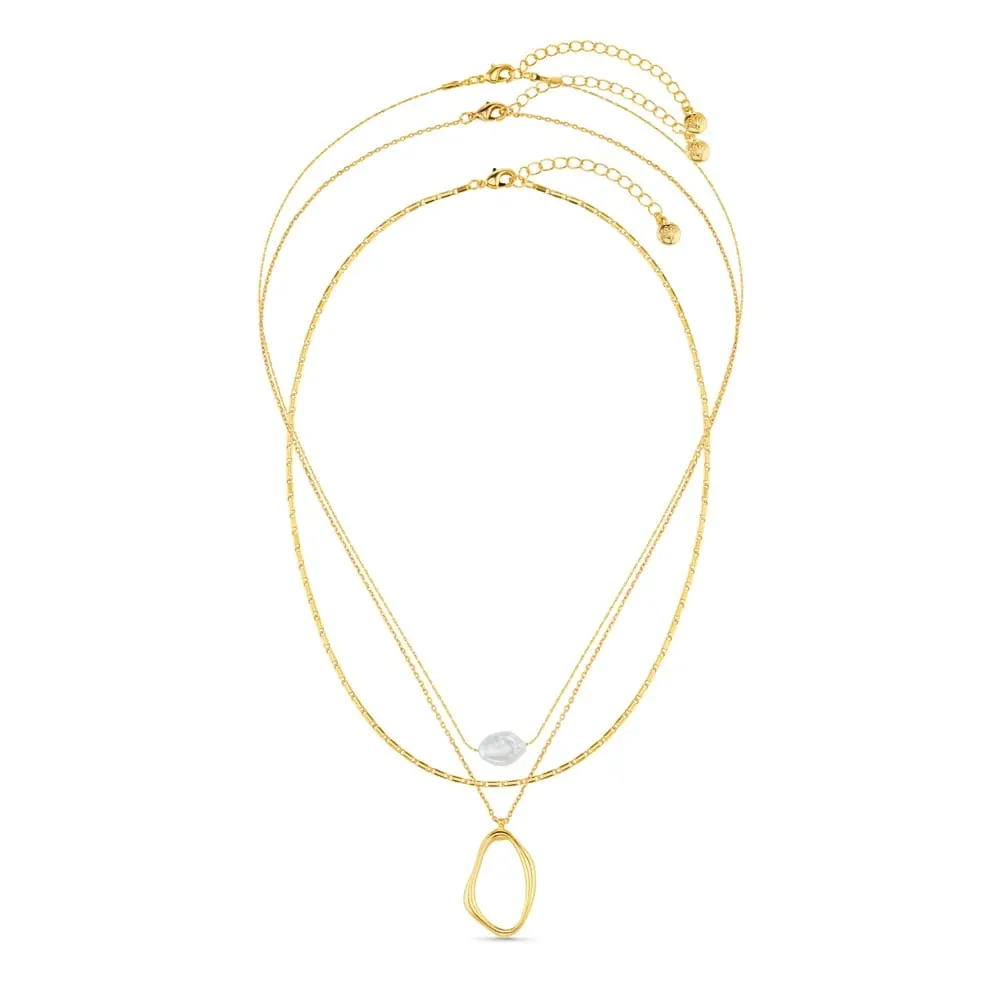 Organic oval &amp; pearl 3-row necklace gold