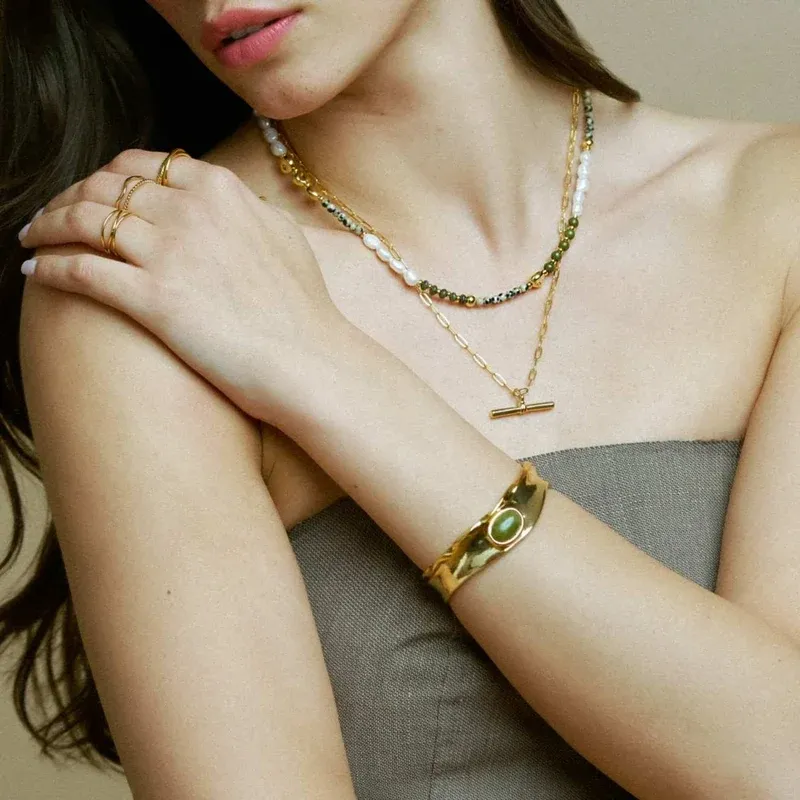 Organic semi-precious green jade cuff gold