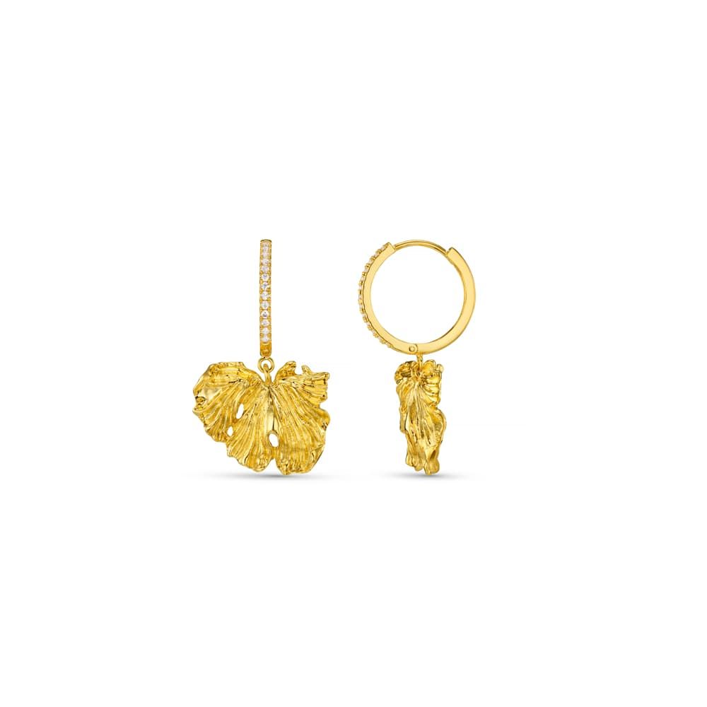 Molten leaf pave hoop earrings gold
