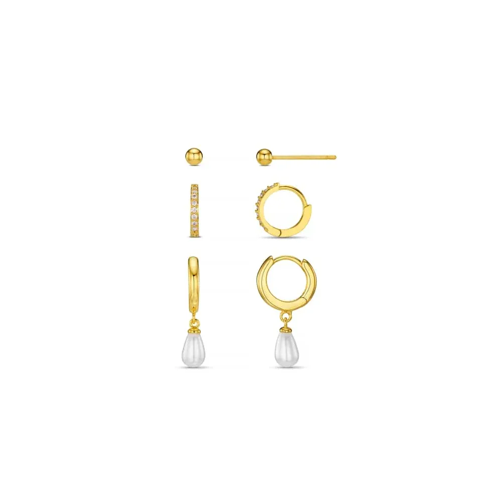 Pave &amp; pearl drop ear stacking set gold