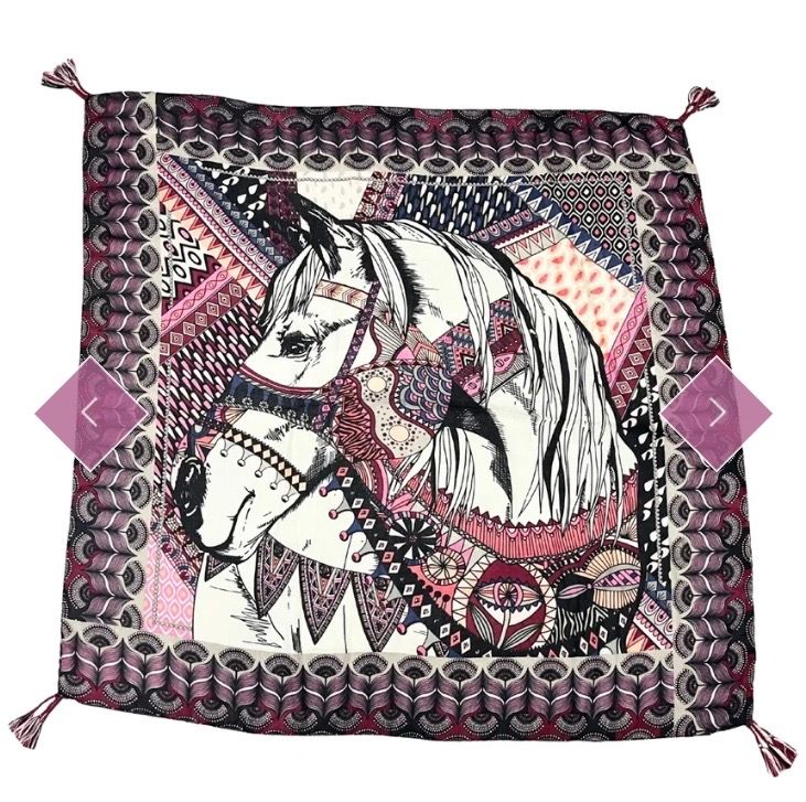 Folk style horse print scarf burgundy