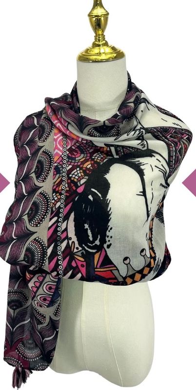 Folk style horse print scarf burgundy