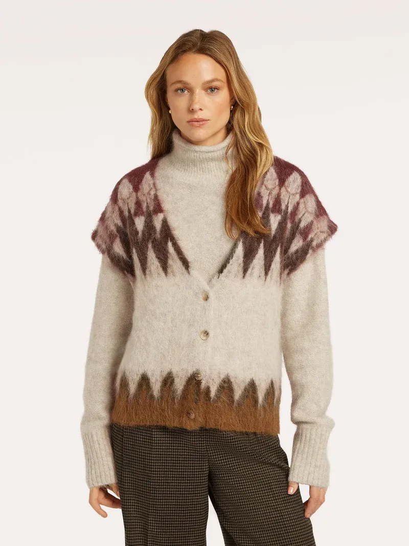Embrun sleeveless cardigan cream brown and rust red