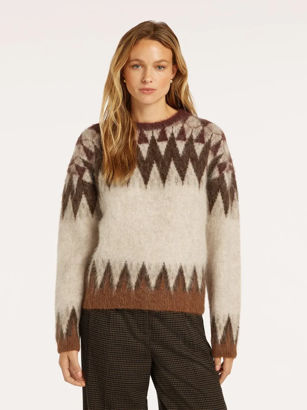 Ekat nordic print jumper beige brown and rust red