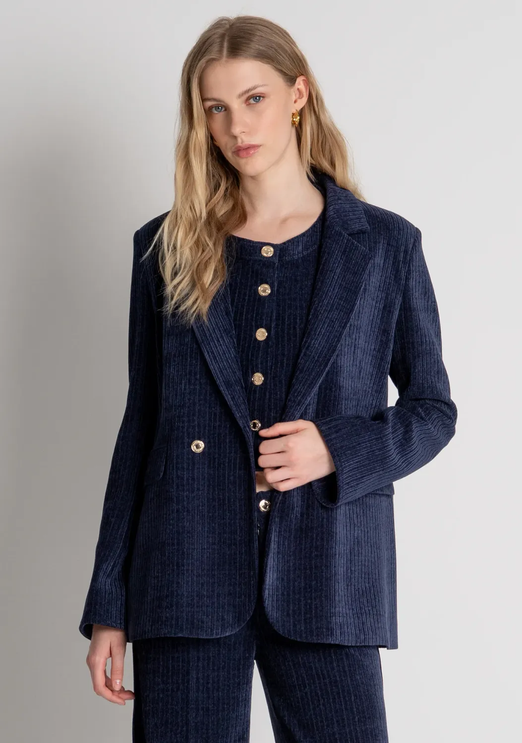 Long blazer jacket regular fit corduroy navy blue