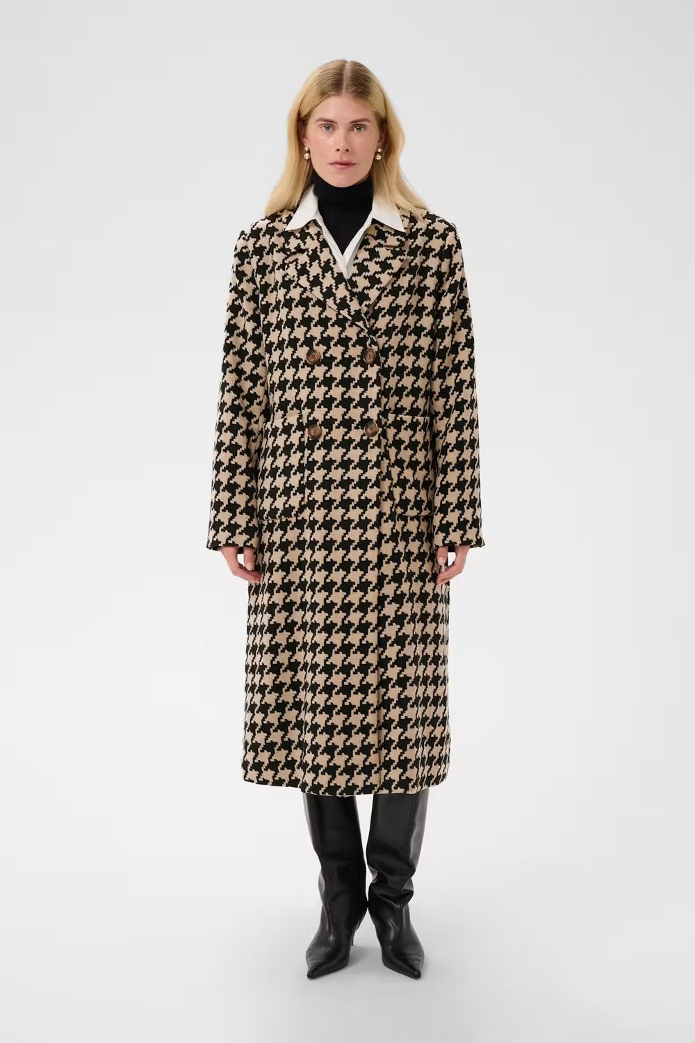 Kilara long coat black camel houndstooth