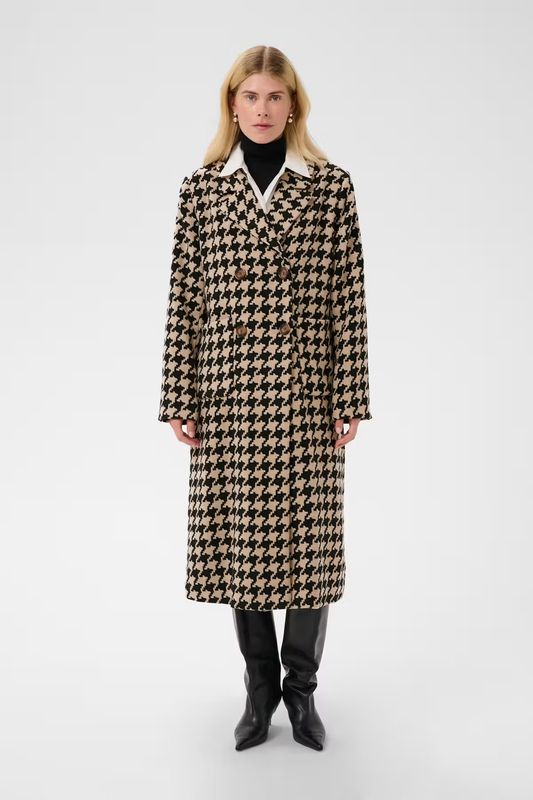 Kilara long coat black camel houndstooth