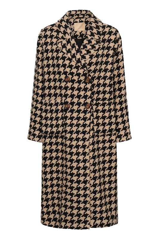 Kilara long coat black camel houndstooth
