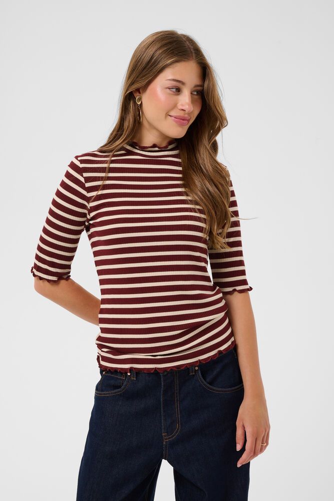 Ribba short sleeve turtleneck top brown cream stripe