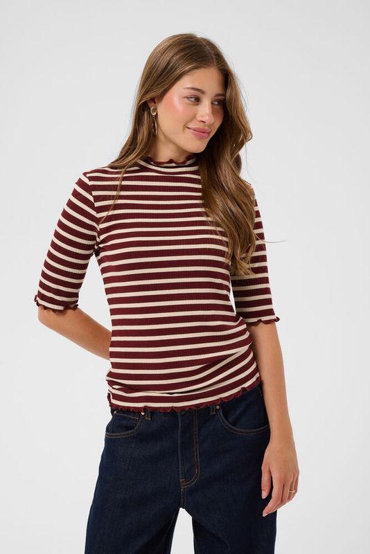 Ribba short sleeve turtleneck top brown cream stripe