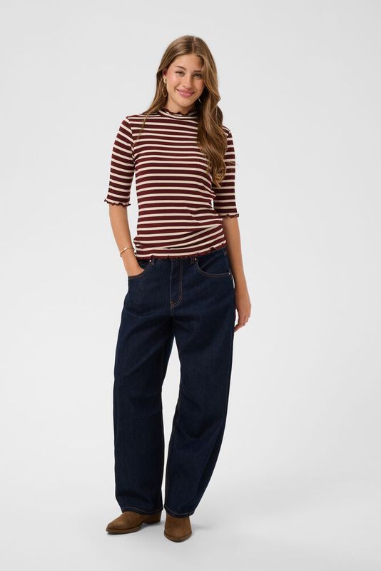 Ribba short sleeve turtleneck top brown cream stripe