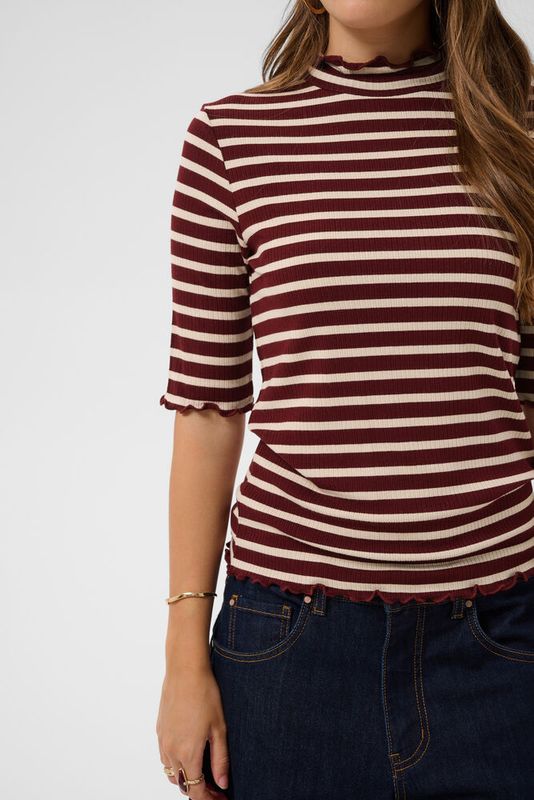 Ribba  short sleeve turtleneck top burgundy cream stripe