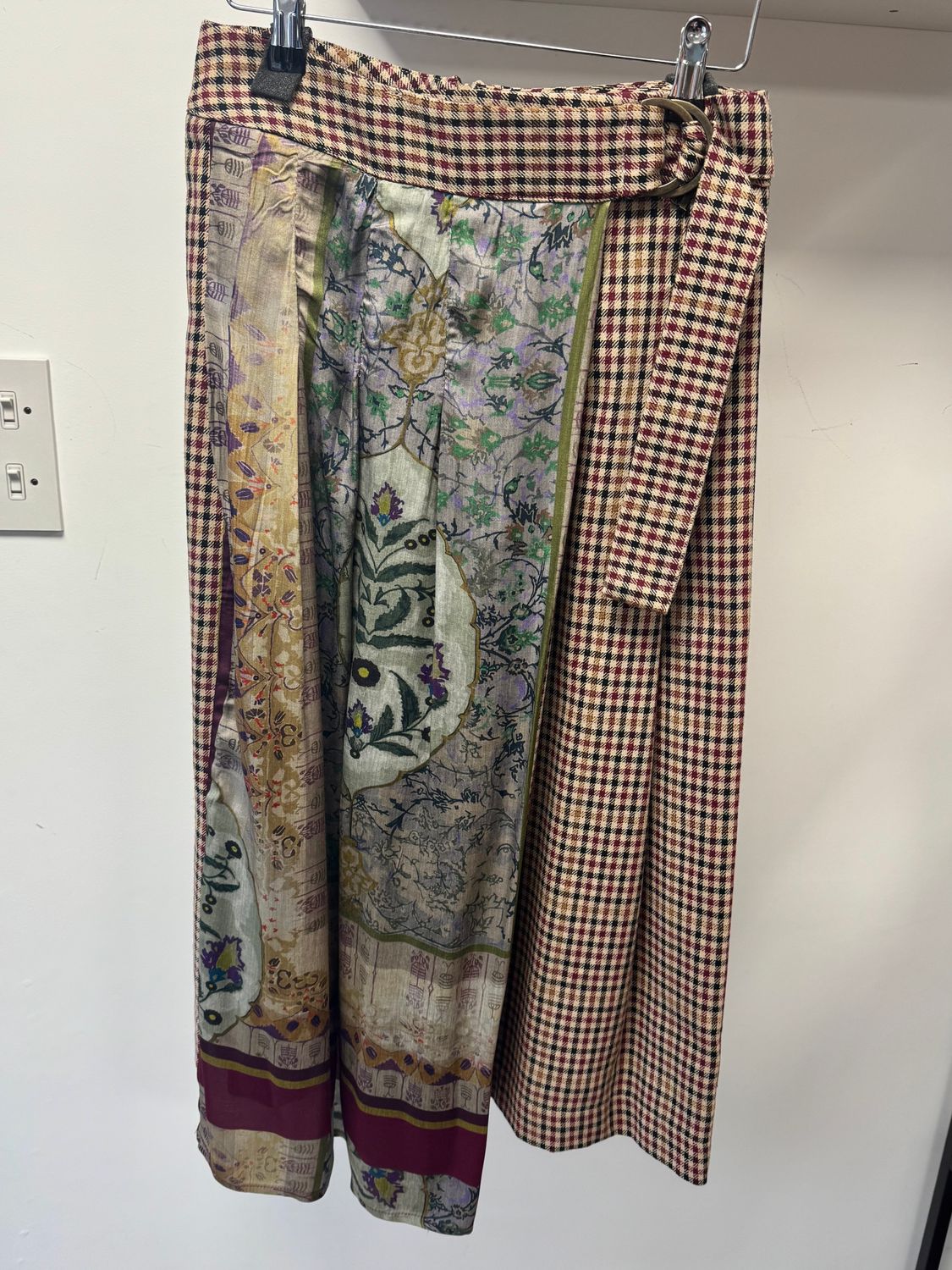 Long checked skirt with satin overlay beige burgundy