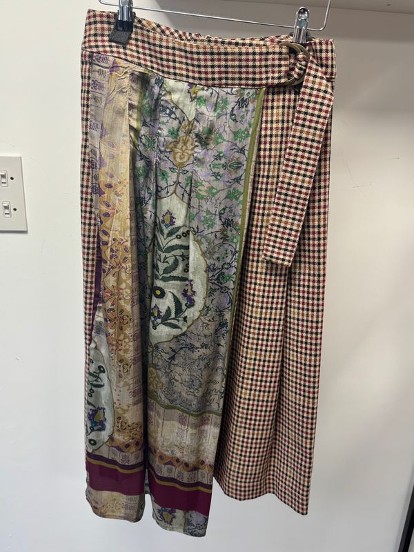Long checked skirt with satin overlay beige burgundy