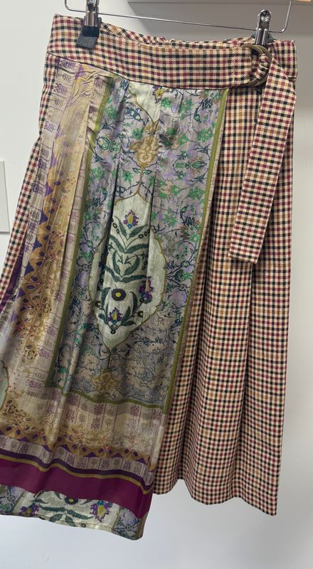 Long checked skirt with satin overlay beige burgundy