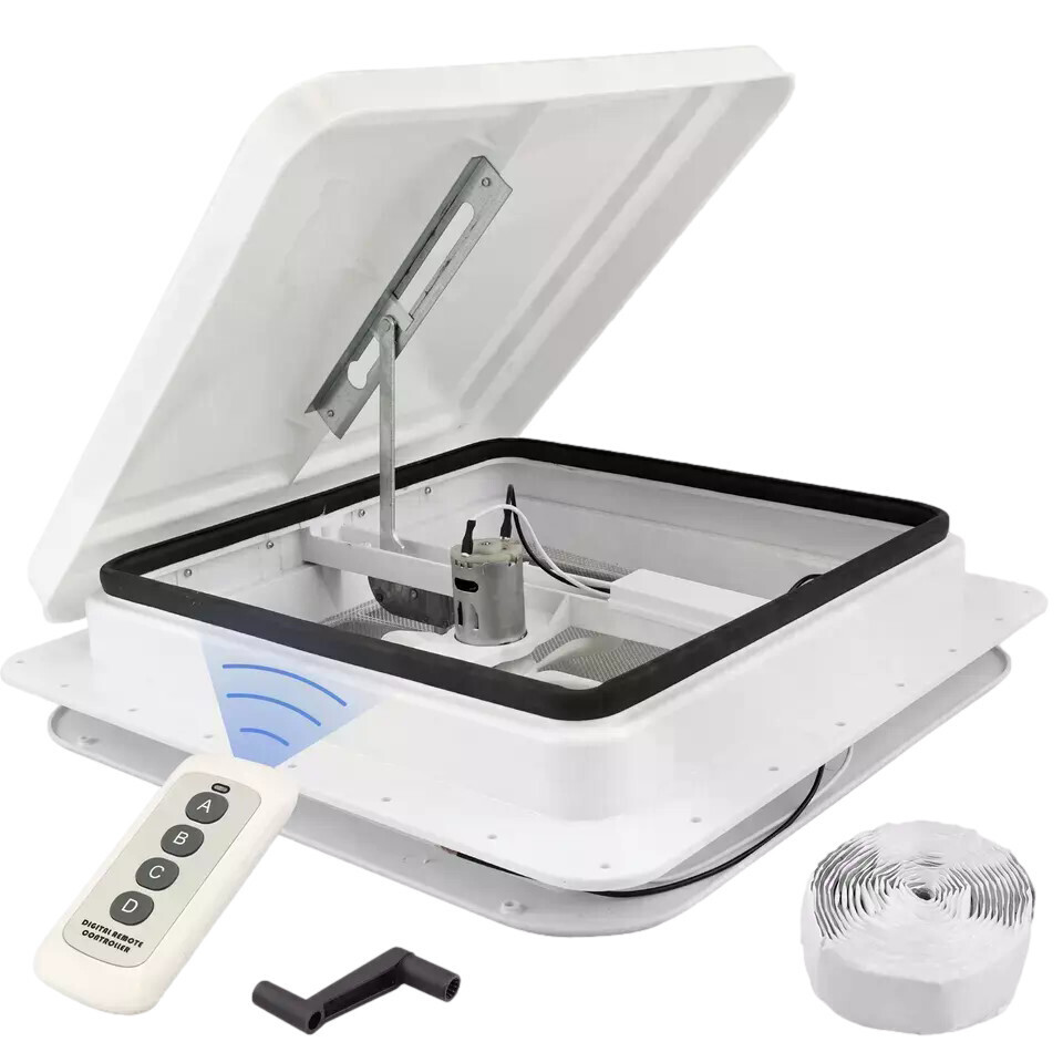 RV Powered Roof Vent with 1.5&quot; Garnish Ring &amp; Remote White (VK100M-C)