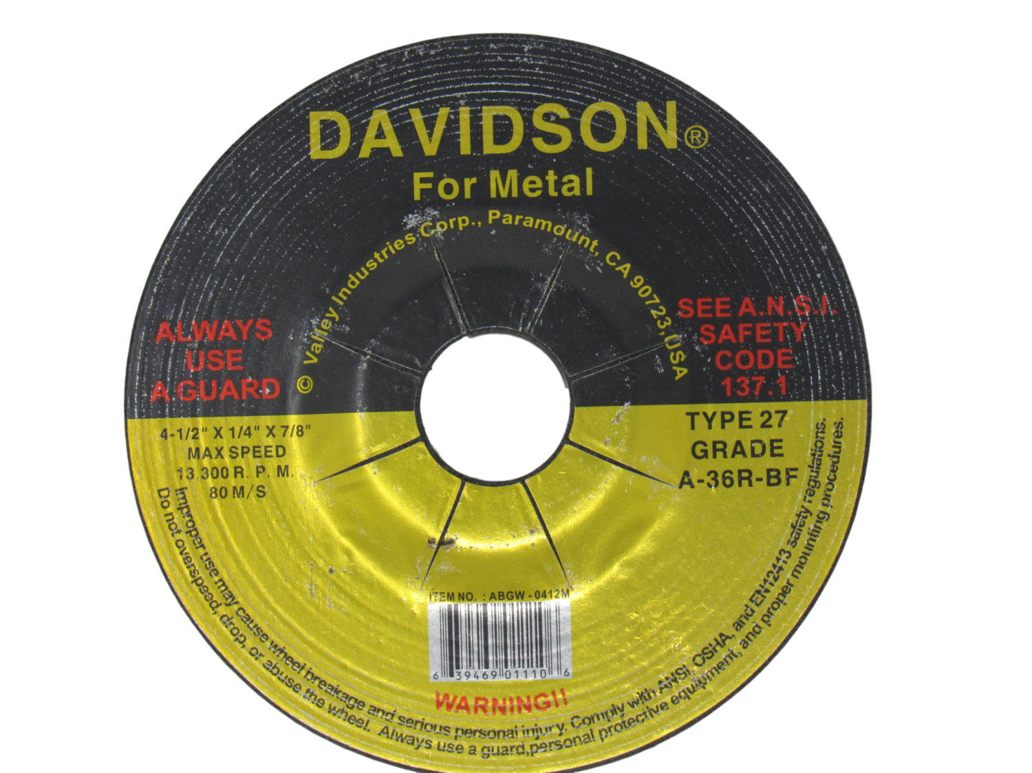 Davidson 4.5&quot;x1/4&quot;x7/8&quot; Grinding Wheel (ABGW-0412M)