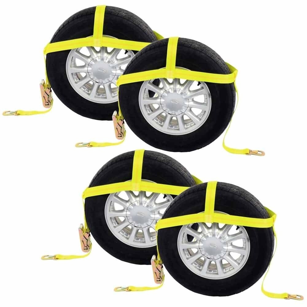 US Cargo Control Wheel Net 2&quot; Tire Holder w/Ratchet Strap &amp; Flat Snap Hooks - 4 Pack