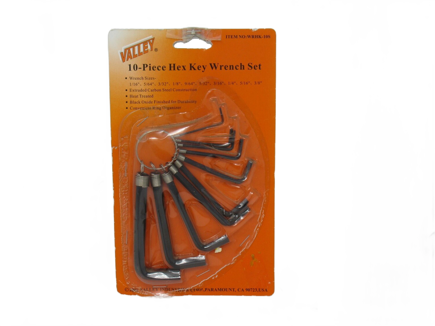 10 PC Hex Key 1/16 - 3/8 On Ring Wrench Set - Carded WRHK-10S