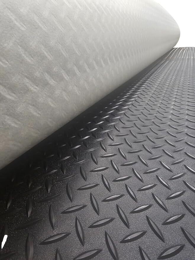 Rugged Trail Diamond Plate Rubber Flooring | 8'6" Wide | Black | Ideal for RVs, Trailers, Garages, Gyms, and Toy Haulers (25')