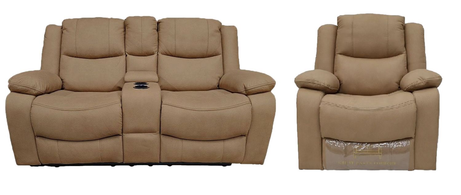 Great Lakes Comfort® Boston Series - 67&quot; Manual Theatre Couch + Swivel, Rock &amp; Recliner Set - RV Wall Hugger  - Manual - Sand
