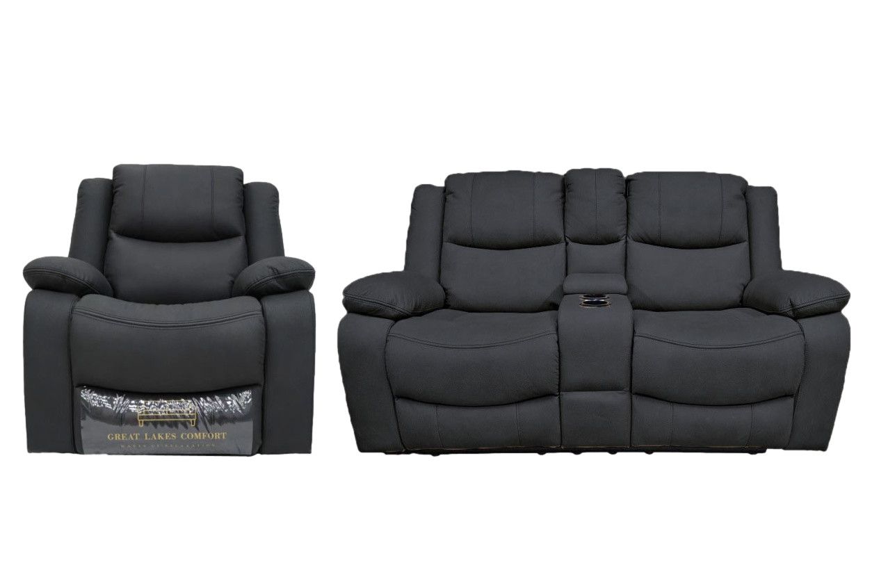 Great Lakes Comfort® Boston Series - 65&quot; Manual Theatre Couch + Swivel, Rock &amp; Recliner Set- RV Wall Hugger  - Manual - Slate