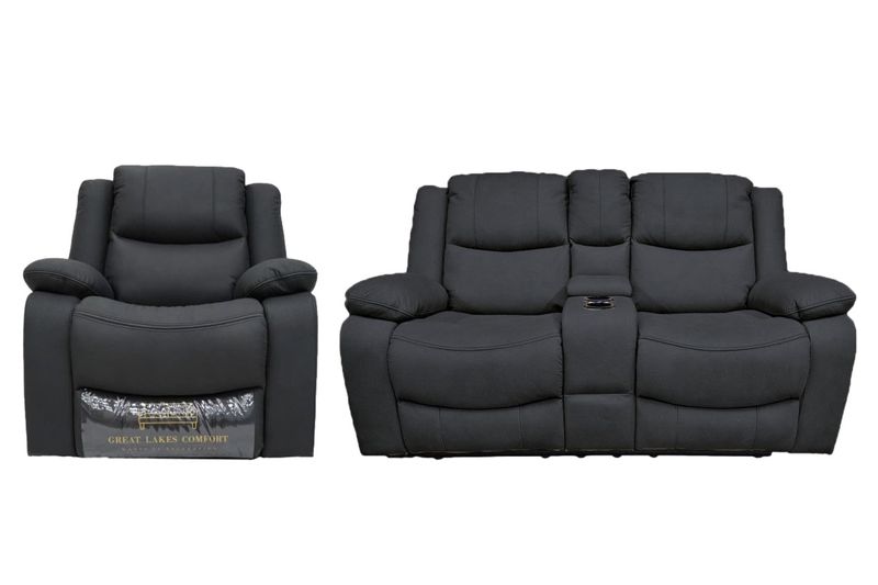 Great Lakes Comfort® Boston Series - 65&quot; Manual Theatre Couch + Swivel, Rock &amp; Recliner Set- RV Wall Hugger  - Manual - Slate