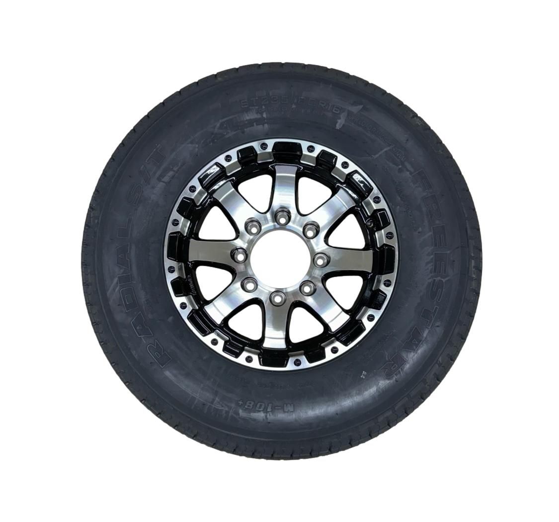 ST235/80R16 | Aluminum Wheel &amp; Trailer Tire | Multiple Options &amp; Brands Available, Brand: Freestar |, Wheel Style: T08 Black Machined |, Bolt Pattern: Load Range E | 8 on 6.5&quot; Bolt Pattern