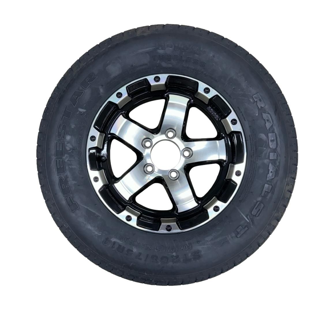 ST205/75R14 | Aluminum Wheel &amp; Trailer Tire |  Freestar | T08 Black Machined | Load Range D | 5 on 4.5&quot; Bolt Pattern