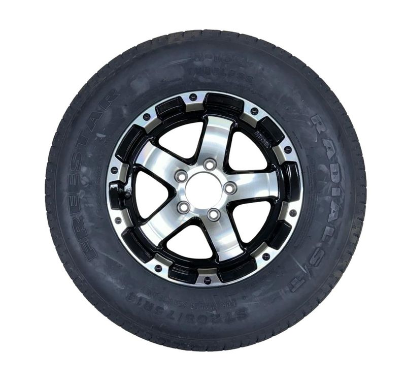 Freestar ST205/75R14 | Aluminum Wheel &amp; Trailer Tire | T08 Black Machined | Load Range D | 5 on 4.5&quot; Bolt Pattern