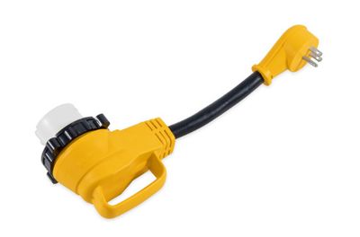 Camco Power Grip Dogbone RV Electrical Adapter – 12&quot; | 15A Male to 50A 90° Locking Female | Heavy-Duty 10/3 Gauge, Weatherproof, 125V/1875W – 55638