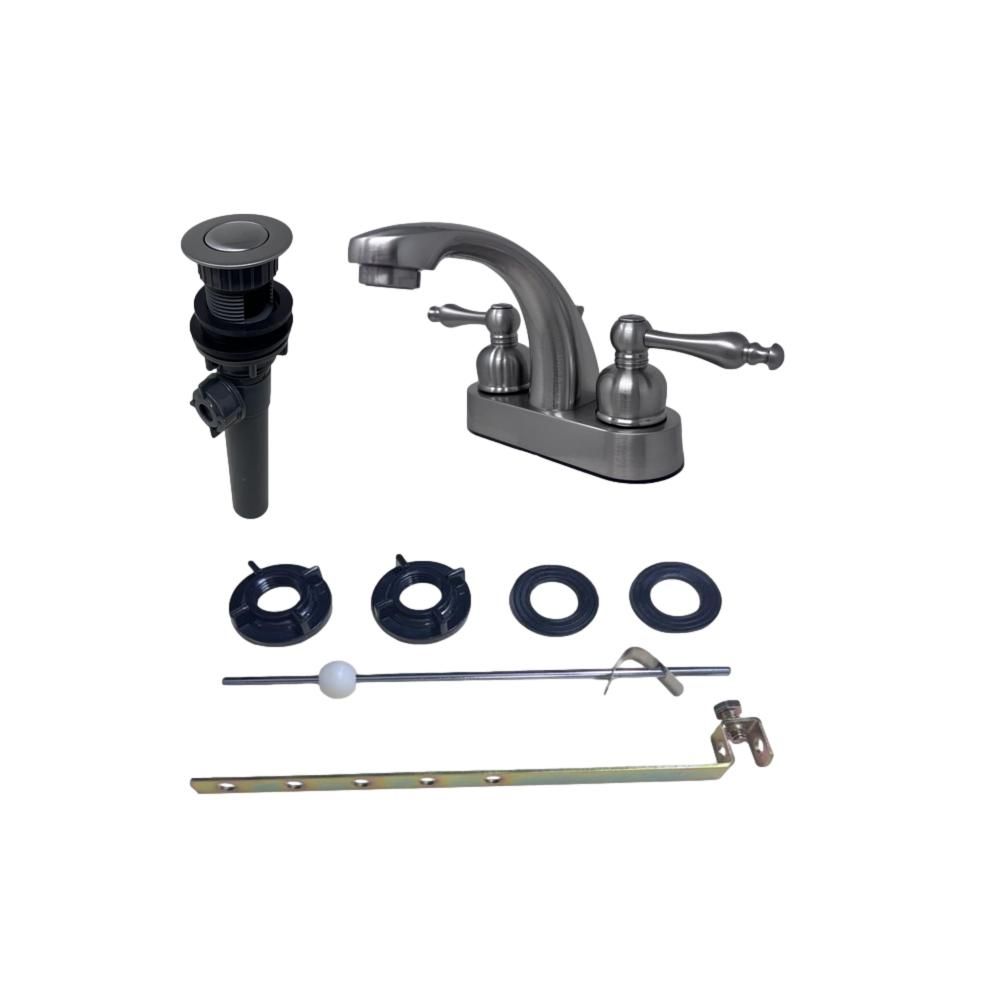 4" Hi-Arch Lavatory Faucet | Two Teapot Handles | Plastic Pop Up Drain | Brushed Nickel