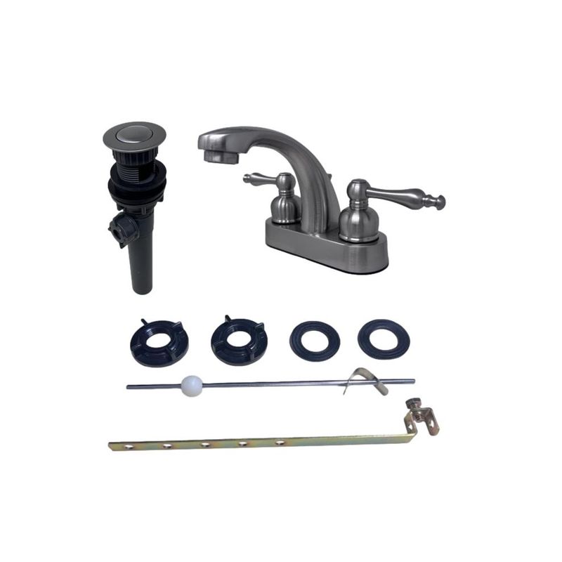 4" Hi-Arch Lavatory Faucet | Two Teapot Handles | Plastic Pop Up Drain | Brushed Nickel