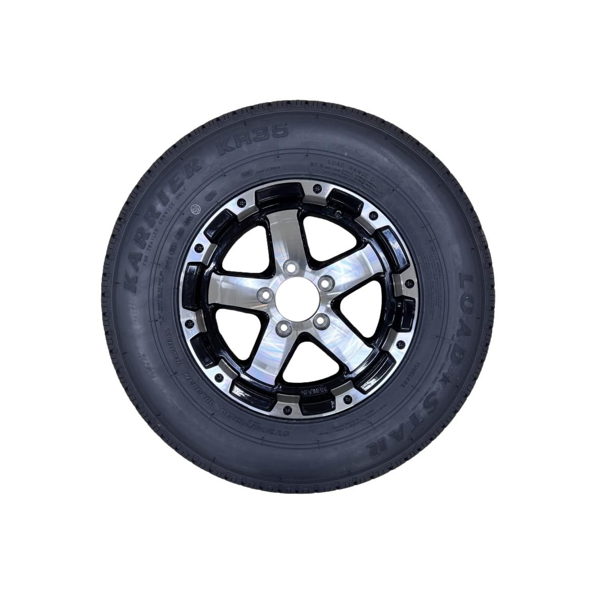 Kenda Loadstar | ST205/75R14 | Aluminum Wheel &amp; Trailer Tire | T08 Black Machined | Load Range D | 5 on 4.5" Bolt Pattern