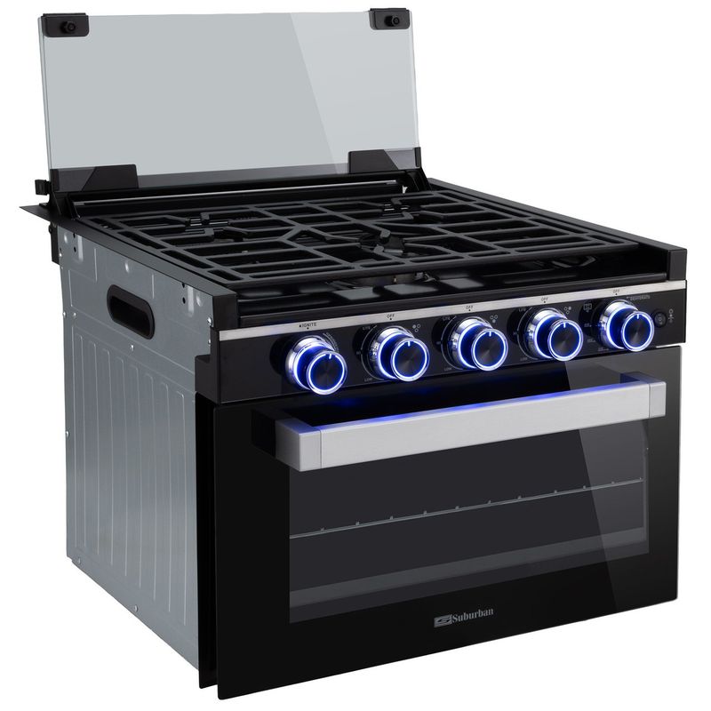 Suburban RV Gas Range | 17" 3-Burner Stove with Built-In Air Fryer | Black | 3907A