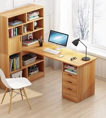 مكتب خشبي مع مكتبة للعمل والدراسة