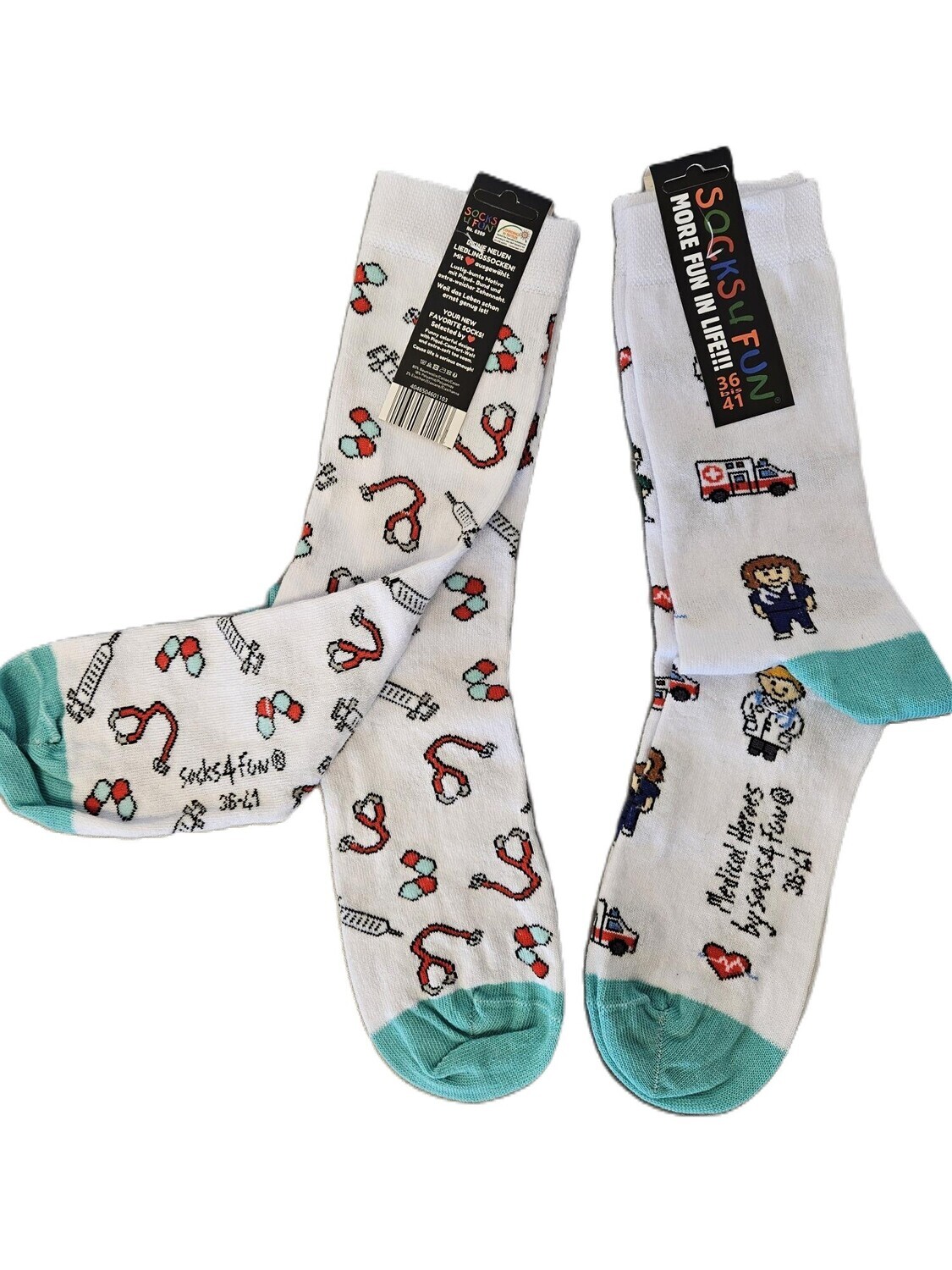 Socken / Schwesternsocken / Gr. 36-41 / weiß/mint mit Motiv