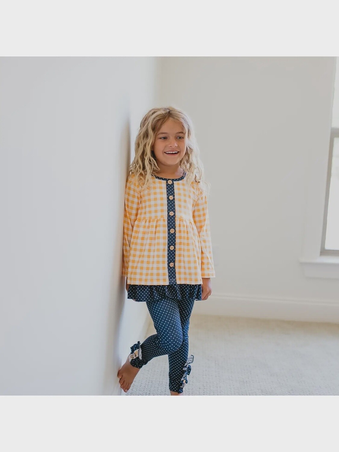 Kids Navy &amp; Mustard Gingham Check Button Pocket Pant SeT