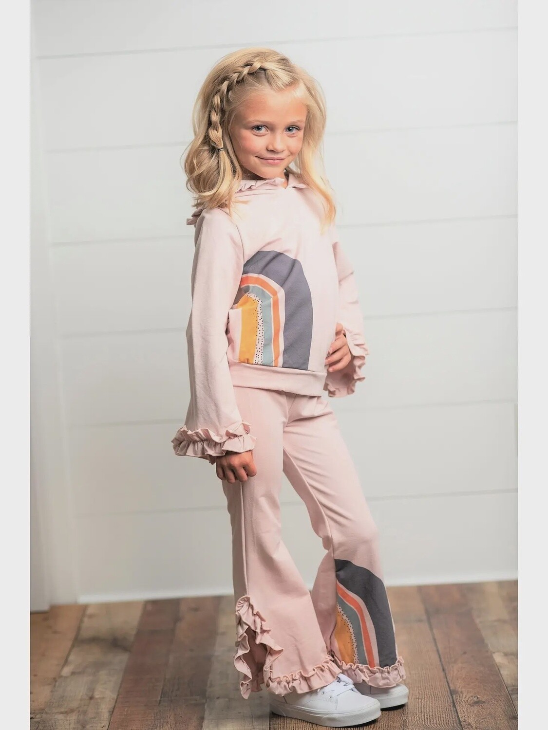 Girls Blush Pink Rainbow Hooded  Sweatsuit Lounge Set