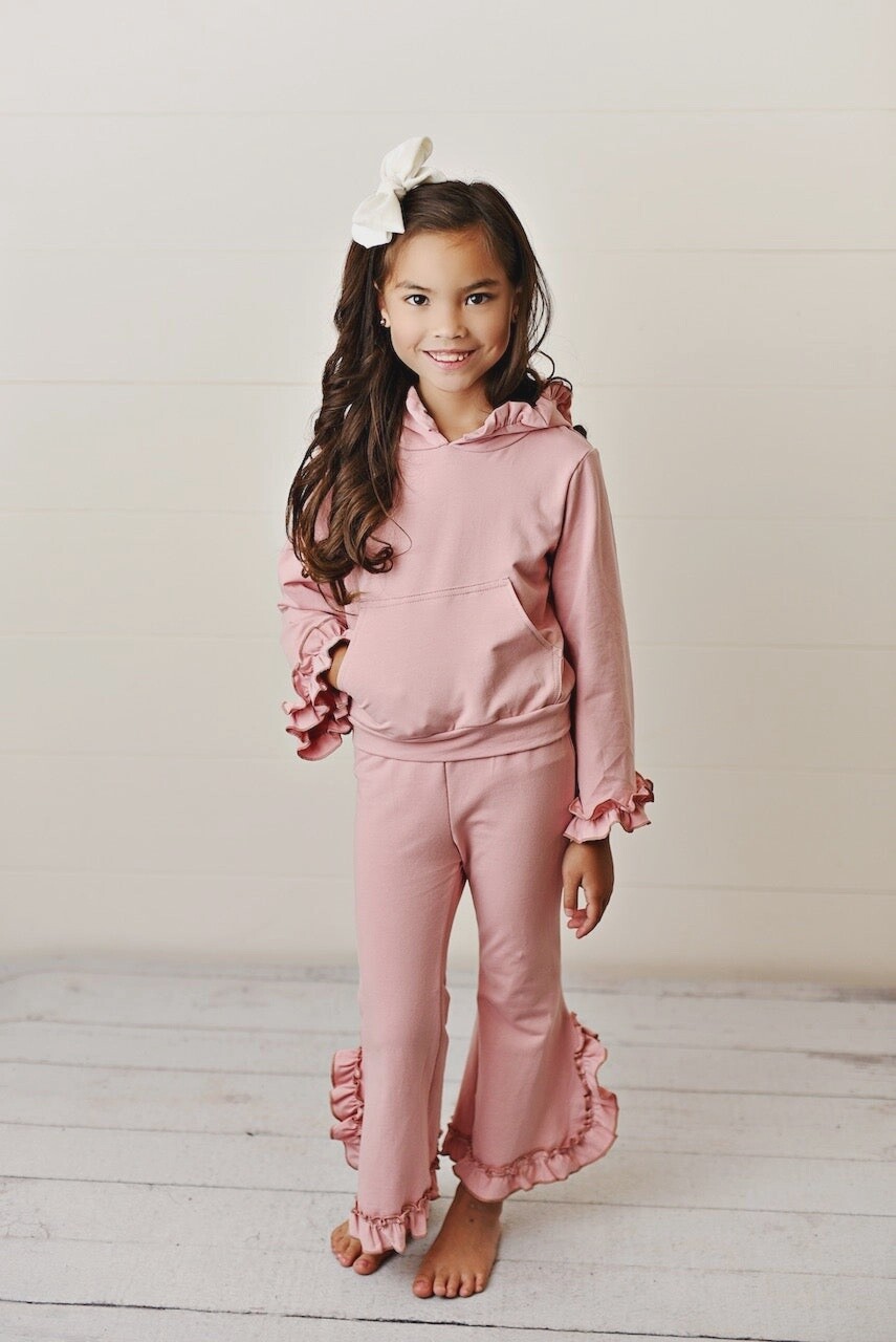 Kids Dusty Pink Hooded Ruffle Pocket Set